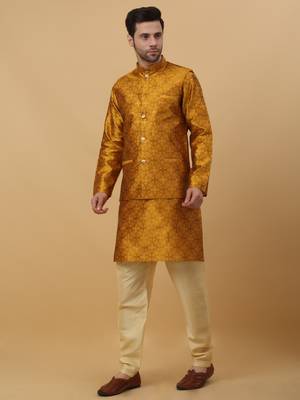 Men's Mustard Sequenced Kurta and Churidar With Jacquard Floral Mustard Nehru Jacket 6