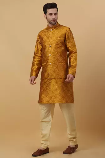 Men's Mustard Sequenced Kurta and Churidar With Jacquard Floral Mustard Nehru Jacket