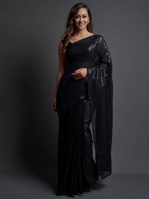 Black Georgette Sequins Work Saree With Un-Stitched Blouse 1