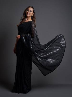 Black Georgette Sequins Work Saree With Un-Stitched Blouse 2