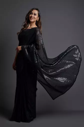 Black Georgette Sequins Work Saree With Un-Stitched Blouse