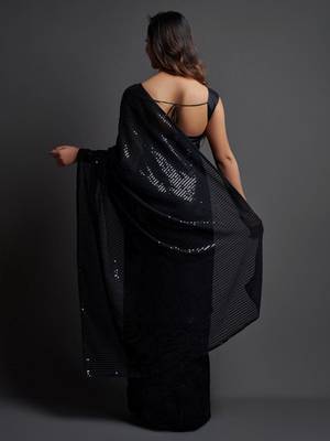 Black Georgette Sequins Work Saree With Un-Stitched Blouse 3