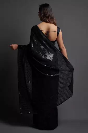 Black Georgette Sequins Work Saree With Un-Stitched Blouse