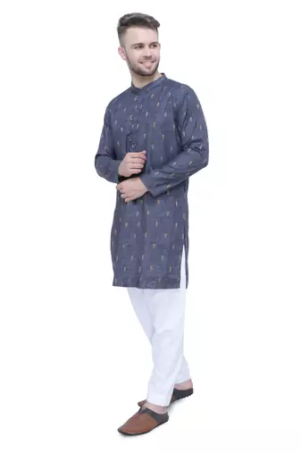 men's charcoal grey lyocell long kurta  