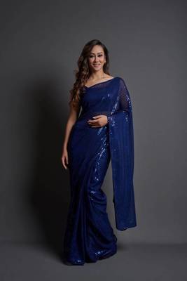 Party Wear Sequins Pattern Embroidery Work With Georgette Fabric Saree 5