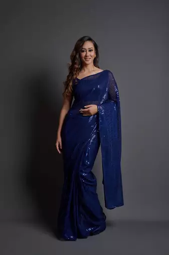 Party Wear Sequins Pattern Embroidery Work With Georgette Fabric Saree