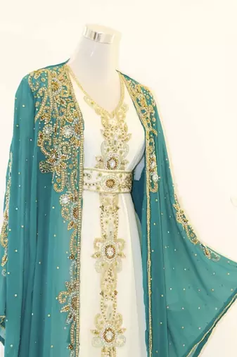 Opulent Turquoise and White Layered Kaftan Dress