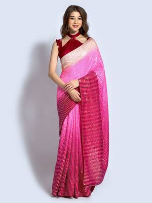 Pink Silk Blend Sequins Embroiderey Party Wear Saree 1