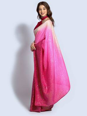 Pink Silk Blend Sequins Embroiderey Party Wear Saree 3