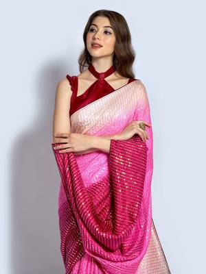 Pink Silk Blend Sequins Embroiderey Party Wear Saree 4