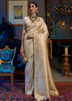 White Woven Faux Kanjivaram Silk Saree With Blouse Piece 1