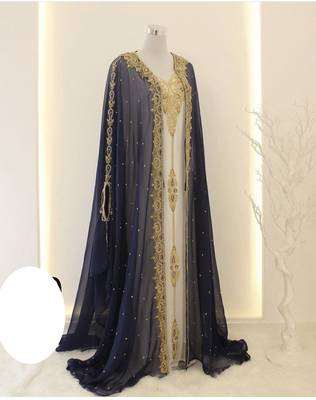 Opulent Blue and White Layered Kaftan with Gold Zari Embellishment | Full-Length Flowing Design 1