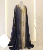Opulent Blue and White Layered Kaftan with Gold Zari Embellishment | Full-Length Flowing Design