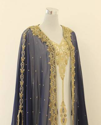 Opulent Blue and White Layered Kaftan with Gold Zari Embellishment | Full-Length Flowing Design 2