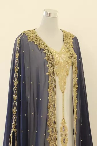 Opulent Blue and White Layered Kaftan with Gold Zari Embellishment | Full-Length Flowing Design