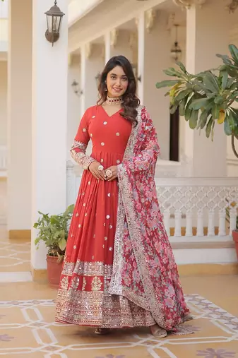 Orange Designer Gown Dupatta Collections