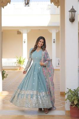 Faux Blooming Gown With Dupatta With Attractive Embroidered Sequins Work  1
