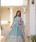 Faux Blooming Gown With Dupatta With Attractive Embroidered Sequins Work 