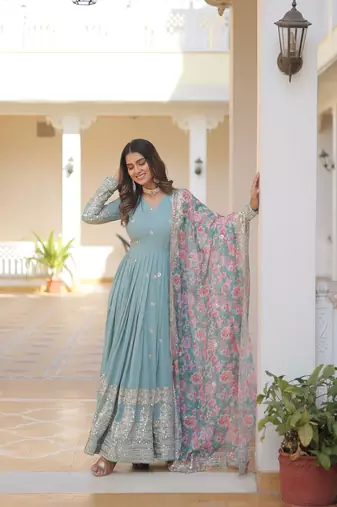 Faux Blooming Gown With Dupatta With Attractive Embroidered Sequins Work 