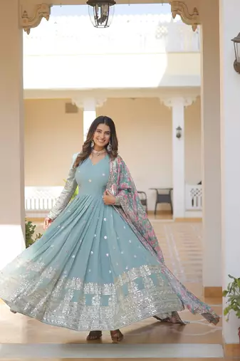 Faux Blooming Gown With Dupatta With Attractive Embroidered Sequins Work 