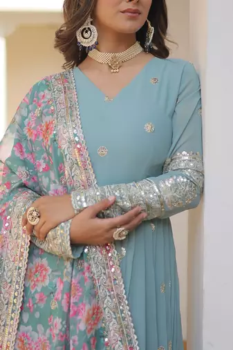Faux Blooming Gown With Dupatta With Attractive Embroidered Sequins Work 