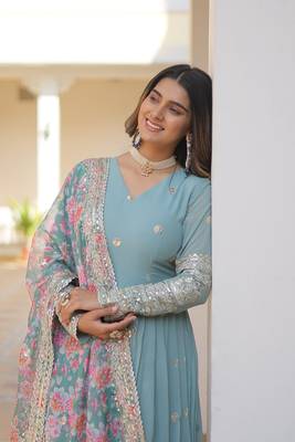 Faux Blooming Gown With Dupatta With Attractive Embroidered Sequins Work  6