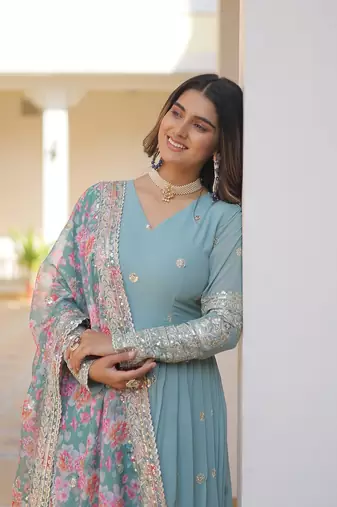 Faux Blooming Gown With Dupatta With Attractive Embroidered Sequins Work 