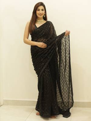 Women Black Designer Sequins Work Saree In Georgette 1