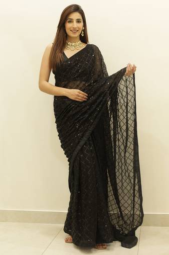 Women Black Designer Sequins Work Saree In Georgette