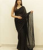 Women Black Designer Sequins Work Saree In Georgette