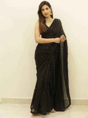 Women Black Designer Sequins Work Saree In Georgette 2