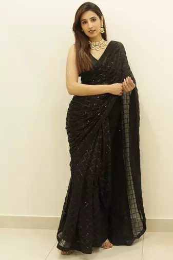 Women Black Designer Sequins Work Saree In Georgette