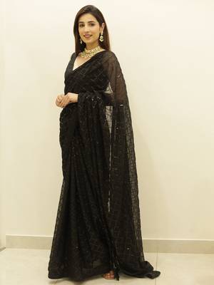 Women Black Designer Sequins Work Saree In Georgette 3