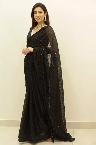 Women Black Designer Sequins Work Saree In Georgette