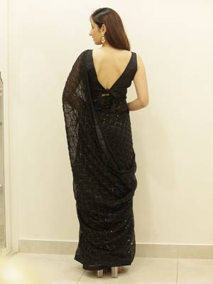 Women Black Designer Sequins Work Saree In Georgette 4