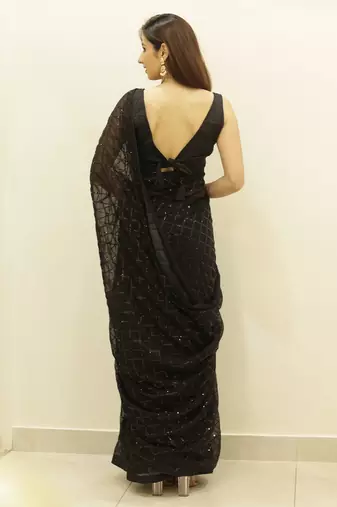 Women Black Designer Sequins Work Saree In Georgette