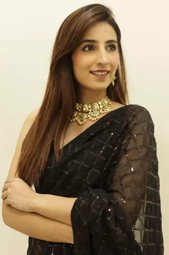 Women Black Designer Sequins Work Saree In Georgette