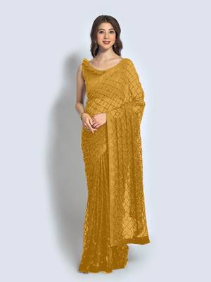 Women Mustard Designer Sequins Saree In Georgette 1
