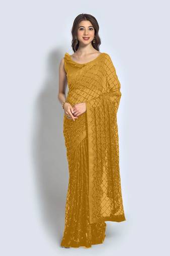 Women Mustard Designer Sequins Saree In Georgette