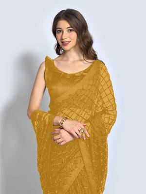 Women Mustard Designer Sequins Saree In Georgette 3