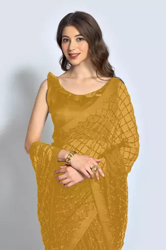 Women Mustard Designer Sequins Saree In Georgette