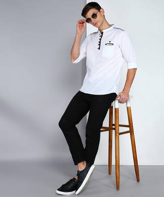 men's linen cotton off white short kurta   4