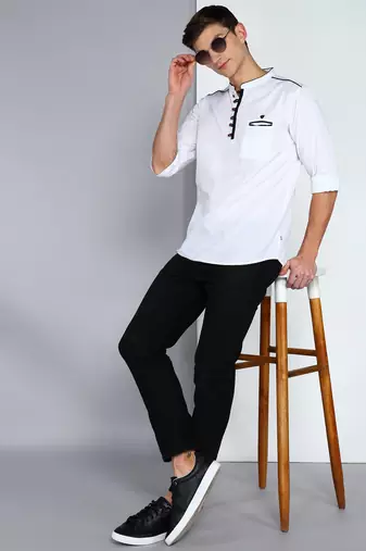 men's linen cotton off white short kurta  