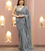 Women Grey Designer Sequins Saree In Georgette