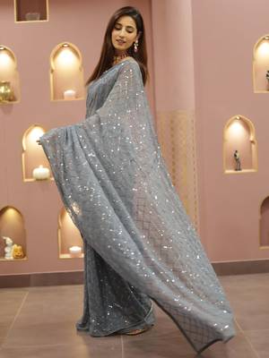 Women Grey Designer Sequins Saree In Georgette 4