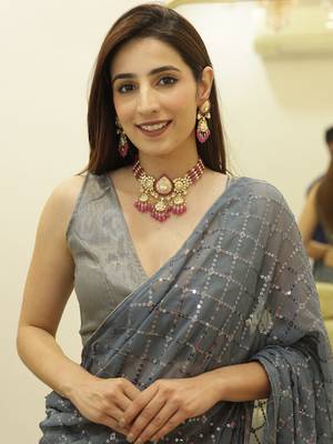 Women Grey Designer Sequins Saree In Georgette 5