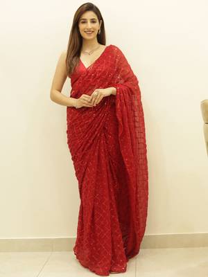 Women Red Designer Sequins Saree In Georgette 1