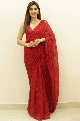 Women Red Designer Sequins Saree In Georgette