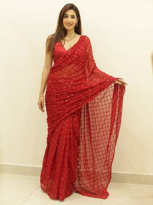 Women Red Designer Sequins Saree In Georgette 3