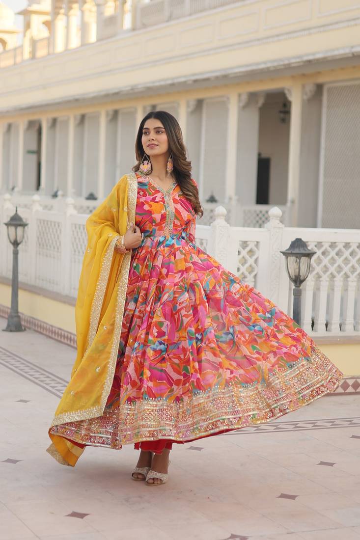 Pink Faux Georgette With digital print Anarkali Suit